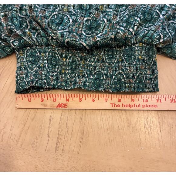 Max Studio Boho Handkerchief Blouse M Emerald Green Gold Smocked Hem Artsy Retro - Picture 8 of 14